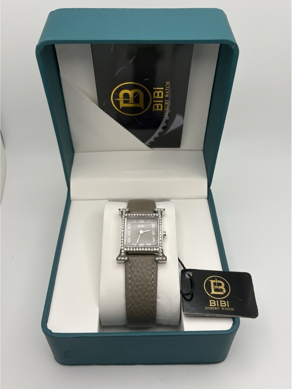 Bibi Luxury Watch Women’s Silver H Inspired Crystal Set Bezel Grey Leather NEW